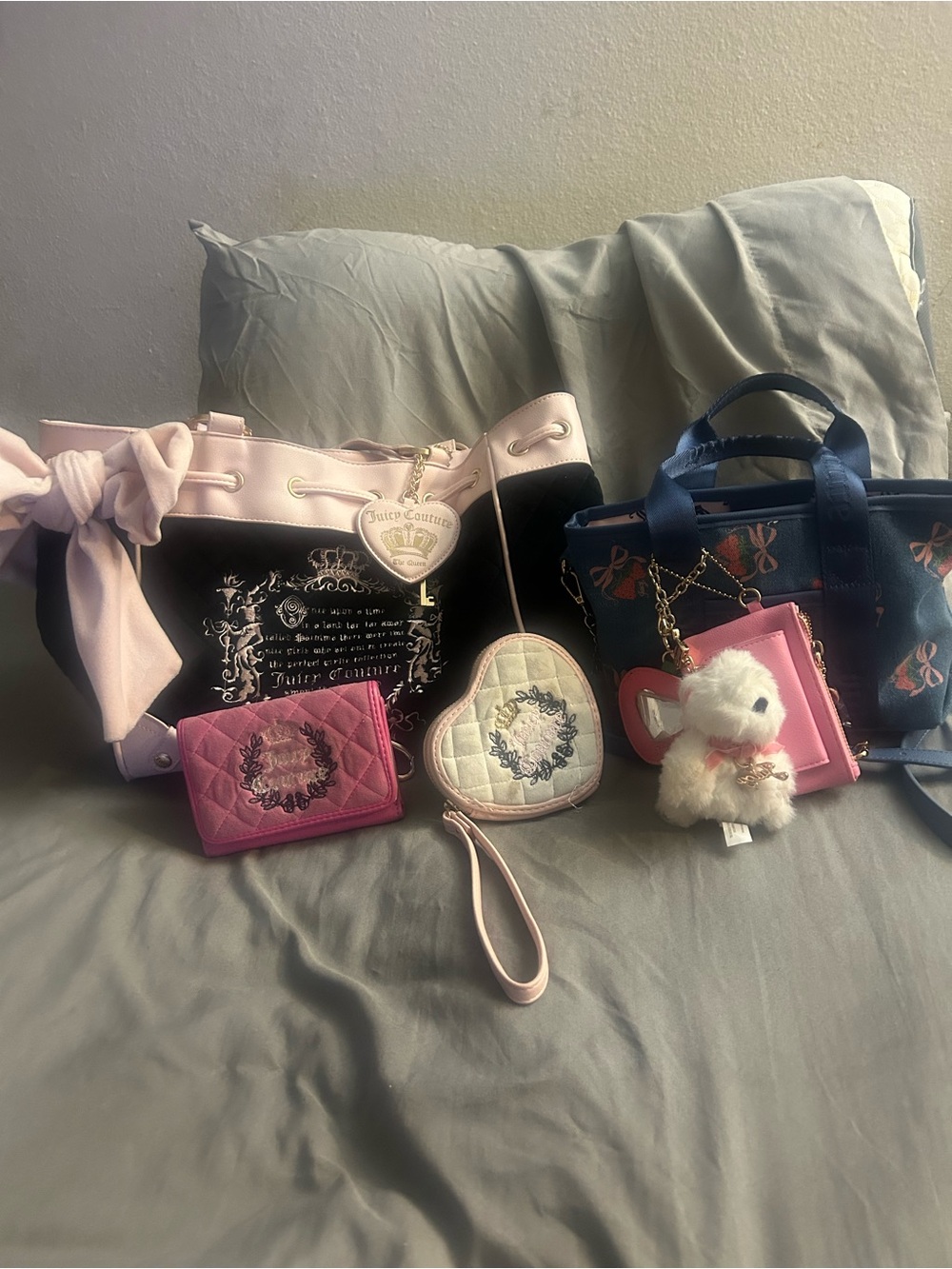 Juicy Couture bundle black and pink tote denim strawberry tote crossbody wallet